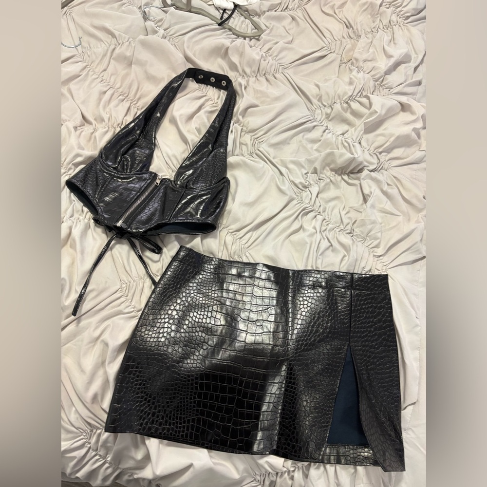 Edikted black leather crocodile skirt set